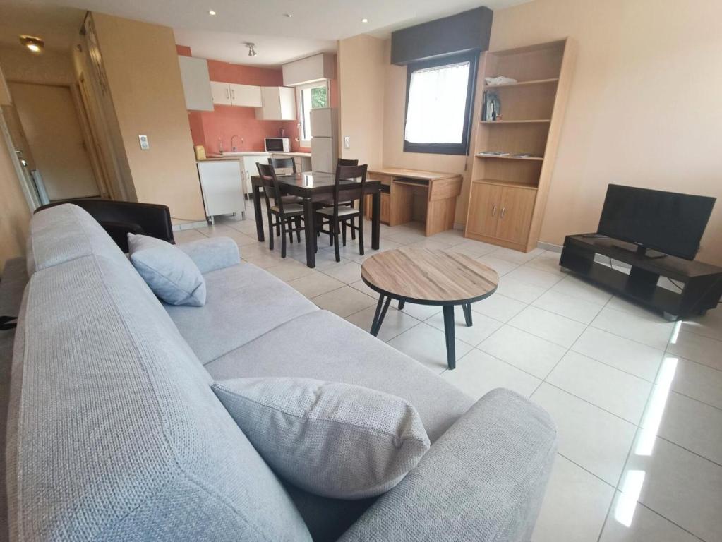 een woonkamer met een bank en een tafel bij Résidence Saint Christophe - 2 Pièces pour 3 Personnes 524 in Aix-les-Bains