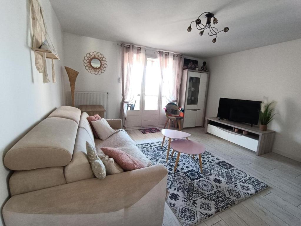 un salon avec un canapé et une télévision dans l'établissement Résidence La Cerisaie - Coquet pour ce joli 2 pièces ! MAE-7004, à Aix-les-Bains