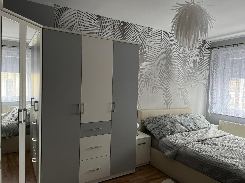 a bedroom with a bed and a large closet at APARTAMENT CENTRUM in Nowe Miasto Lubawskie