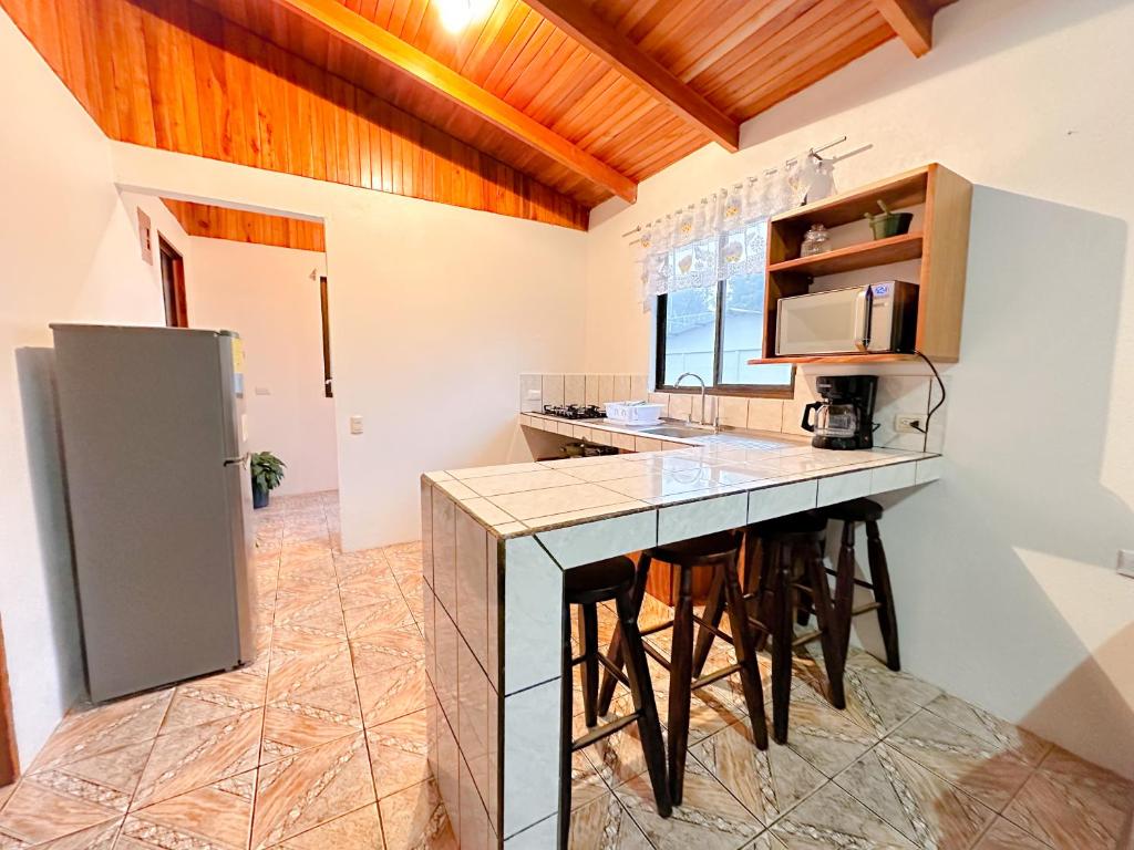 uma cozinha com um balcão e um frigorífico em Edén Guest House em Monteverde