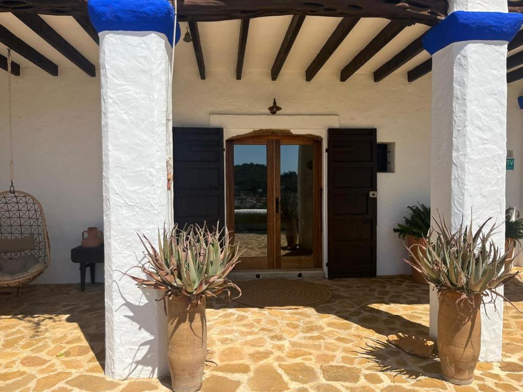 two vases with plants in them on a patio at Charming Villa Retreat in Ibiza - Bed & Breakfast Bliss in Santa Eularia des Riu