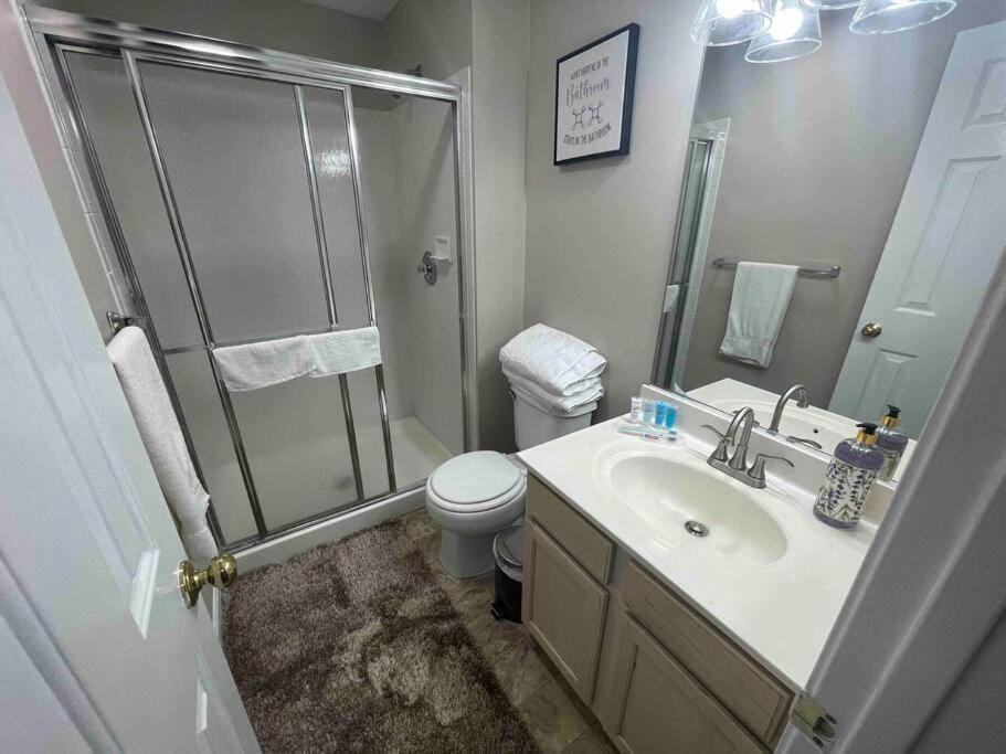 a bathroom with a shower and a toilet and a sink at Lovely furnished apartment in Owings Mills