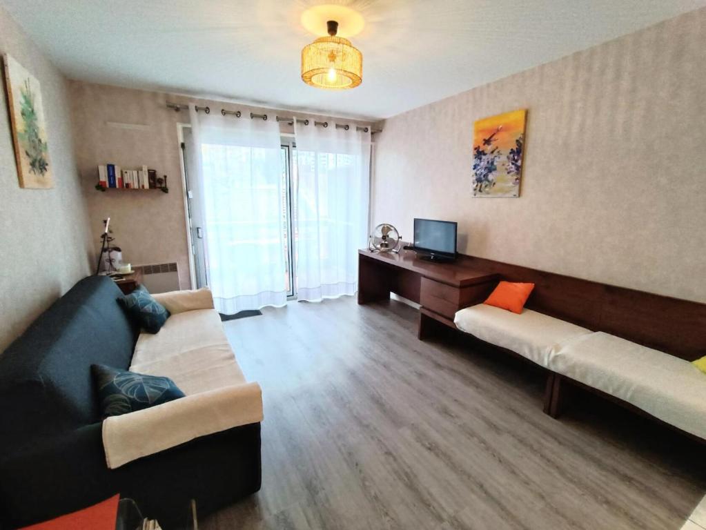 un salon avec un canapé et une télévision dans l'établissement Résidence Le Vendome - Agréable T2 dans quartier animé à proximité des commerces ! MAE-6704, à Aix-les-Bains