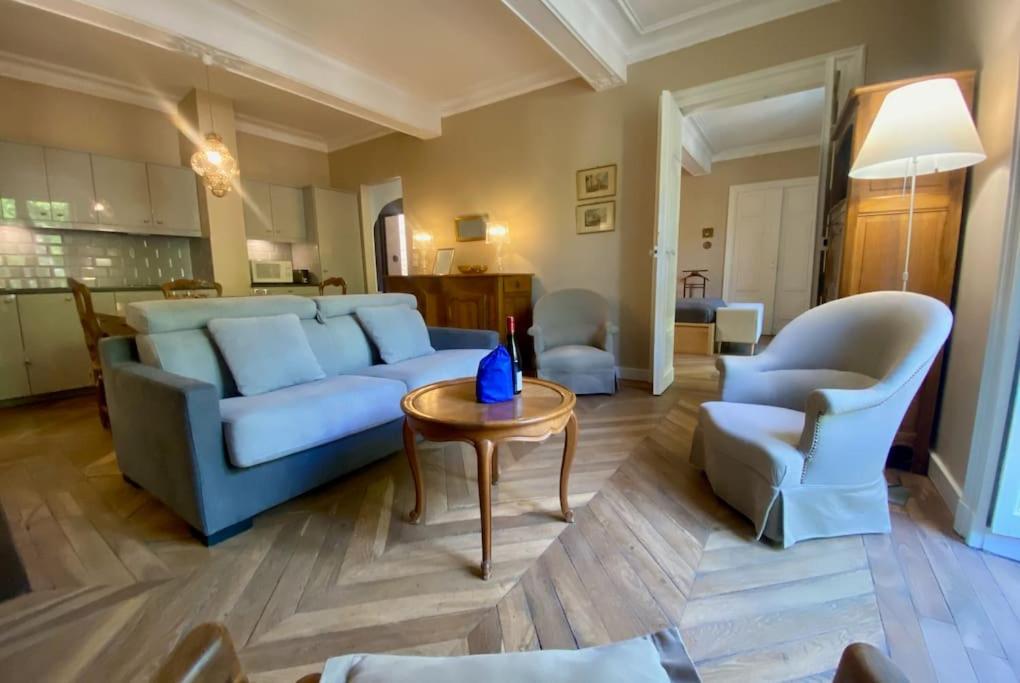 un salon avec un canapé bleu et une table dans l'établissement L'historien - avec balcon coeur de Nîmes, à Nîmes