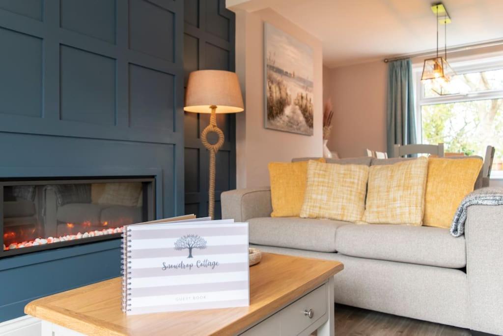 a living room with a couch and a fireplace at Snowdrop Cottage in Seahouses