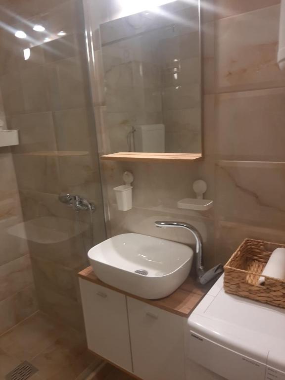 a bathroom with a sink and a shower at Dvosoban stan u širem centru in Pirot