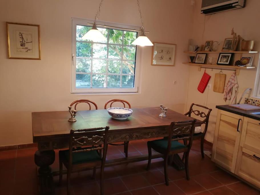a kitchen with a wooden table and chairs and a window at Villa with a big garden in Athens