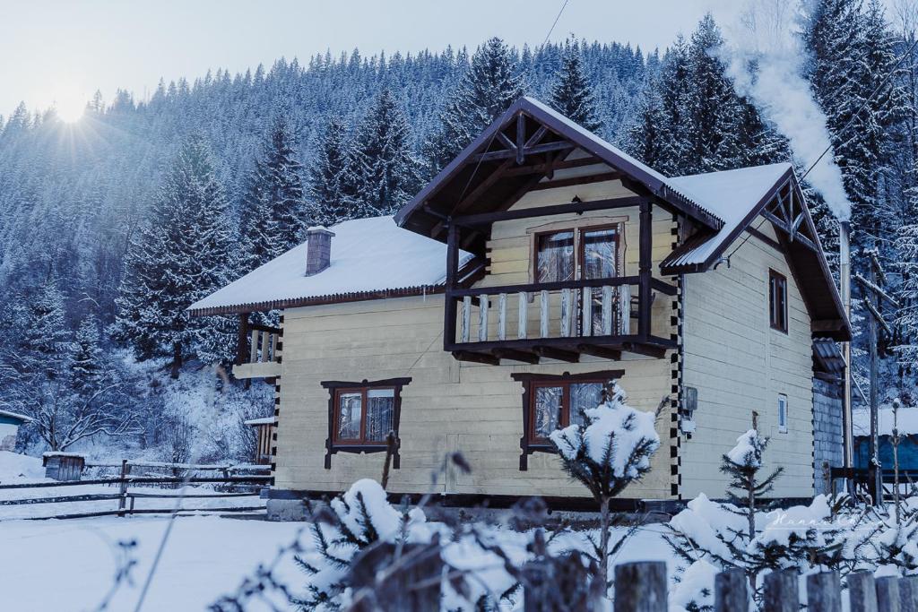 a house covered in snow with trees in the background at 7+я in Verkhovyna