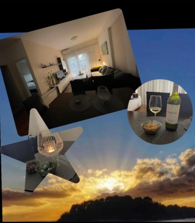 a collage of photos of a living room with a plane at Apartment Deluxe IM in Medulin