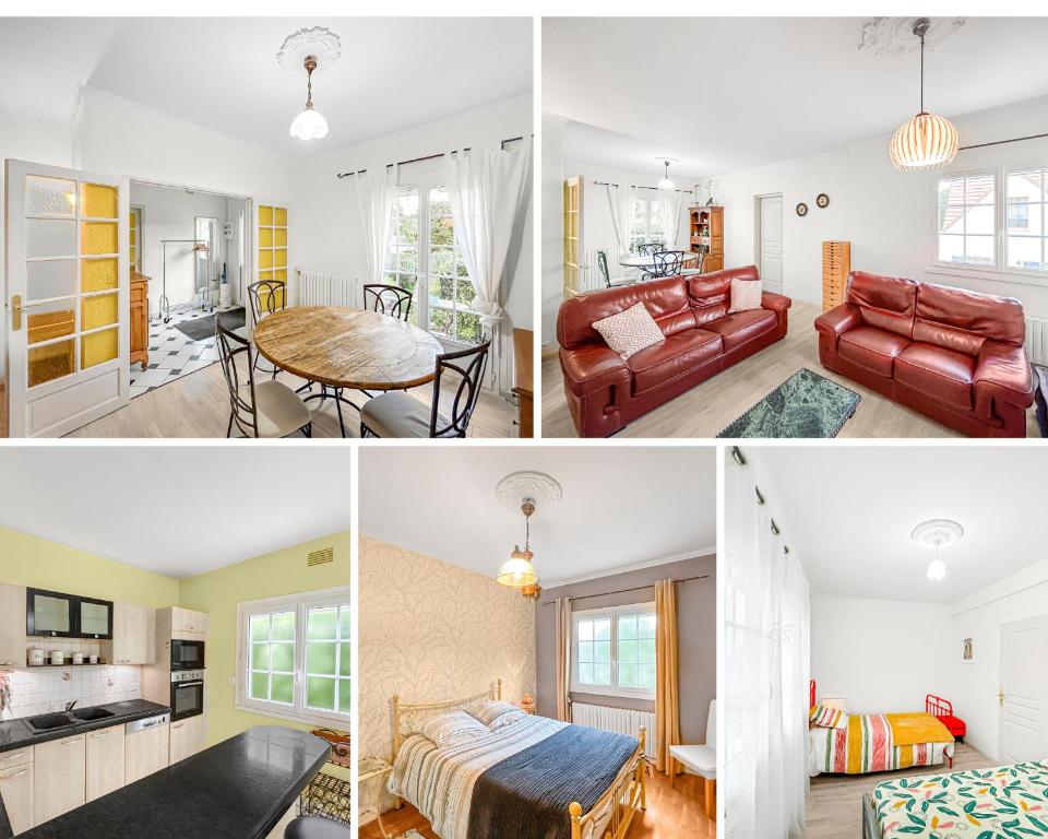 un collage de photos d'un salon et d'une chambre dans l'établissement Jardin Secret - Maison Proche de l'Hippodrome, à Orléans