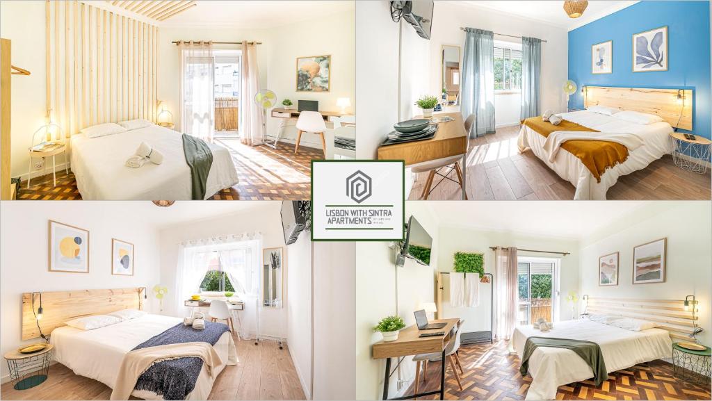 a collage of three pictures of a bedroom at Goa Square by Lisbon with Sintra in Amadora