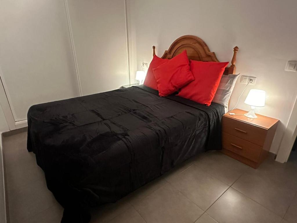 a bedroom with a black bed with red pillows at MIRADOR MUDEJAR in Teruel