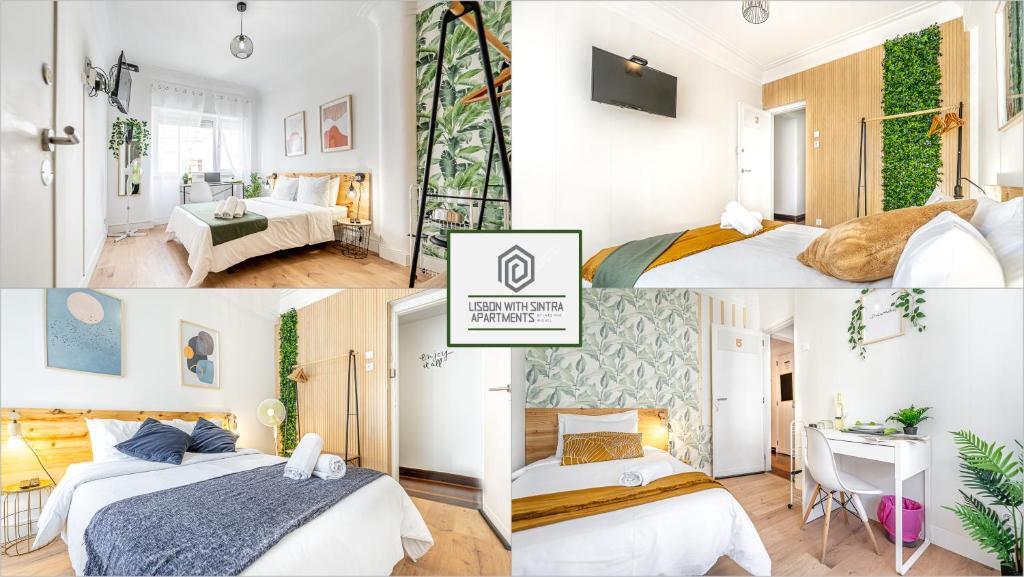 un collage de cuatro fotos de una habitación de hotel en Santos Mattos Guesthouse & Apartments by Lisbon with Sintra en Amadora