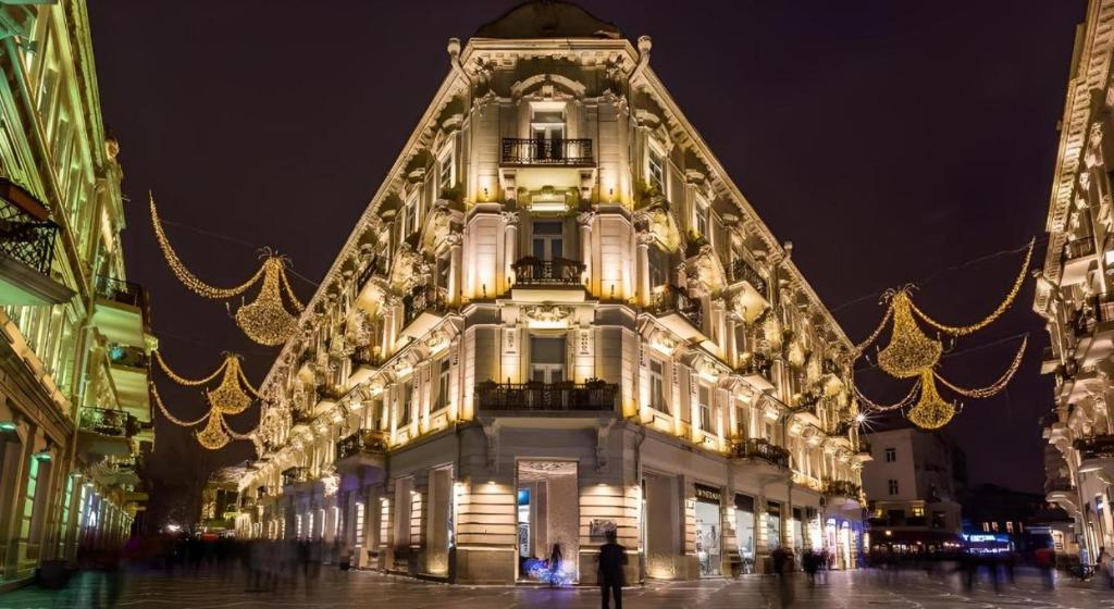 Un edificio con luci natalizie a lato. di Malakan Boutique Nizami Hotel a Baku