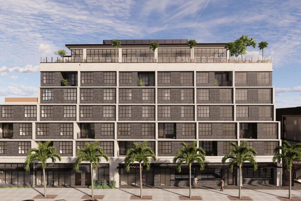 an architectural rendering of a building with palm trees at Moxy St. Petersburg Downtown in St Petersburg