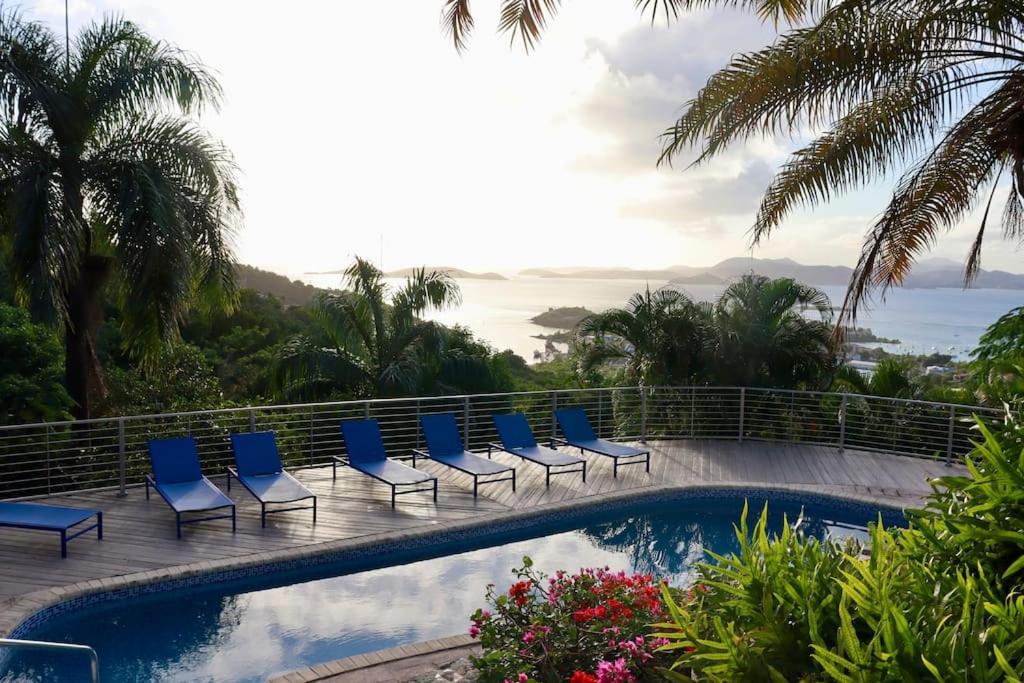 een groep blauwe stoelen naast een zwembad bij Mandavilla Rose - Inspired USVI in Cruz Bay