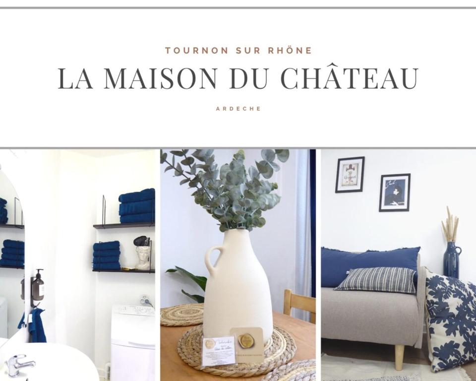 een collage van foto's van een woonkamer met een vaas bij Private house in the center near the Castle in Tournon-sur-Rhône