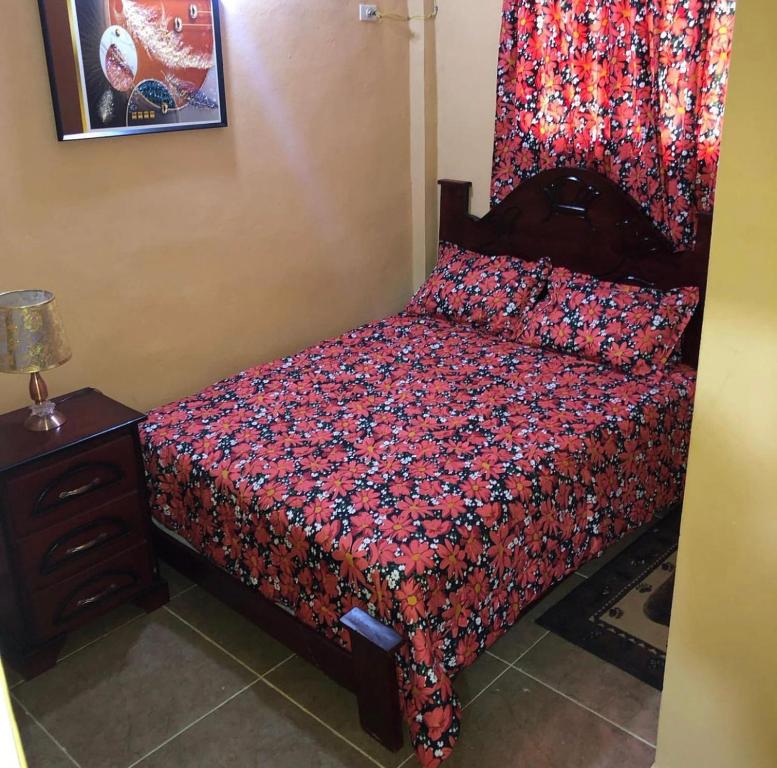 een slaapkamer met een bed met een rood dekbed bij La hermosa hotel in Santa Cruz de Barahona