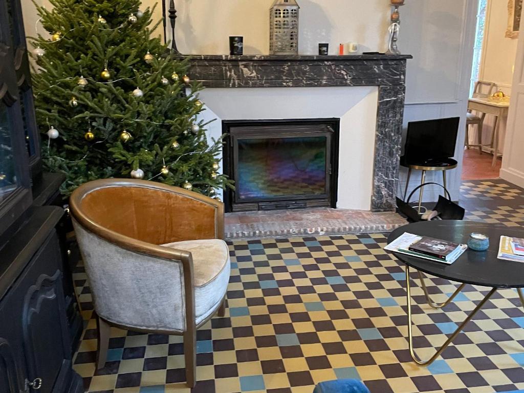 a living room with a christmas tree and a fireplace at Gîte Bazouges-sur-le-Loir, 6 pièces, 10 personnes - FR-1-410-377 in Bazouges-sur-le-Loir