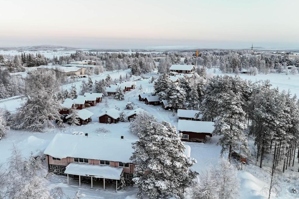 an aerial view of a village covered in snow at Lapland Arctic Cabins in Kemijärvi