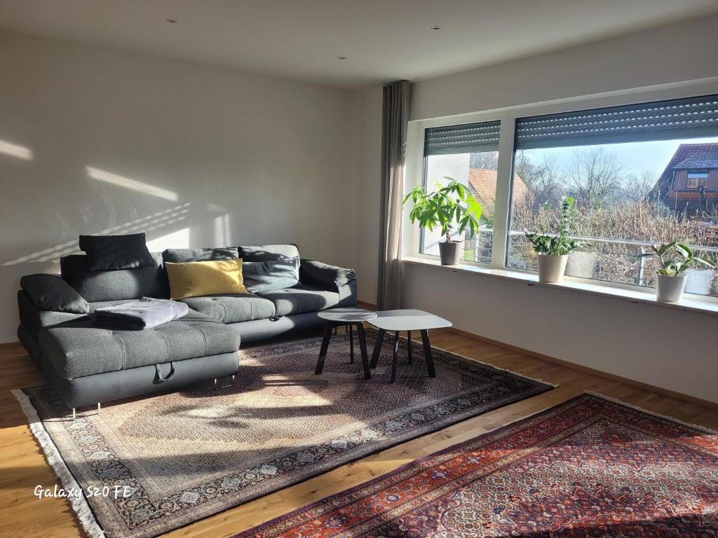 uma sala de estar com um sofá e uma janela em Modernes Ferienappartement An der Steige em Wilhermsdorf