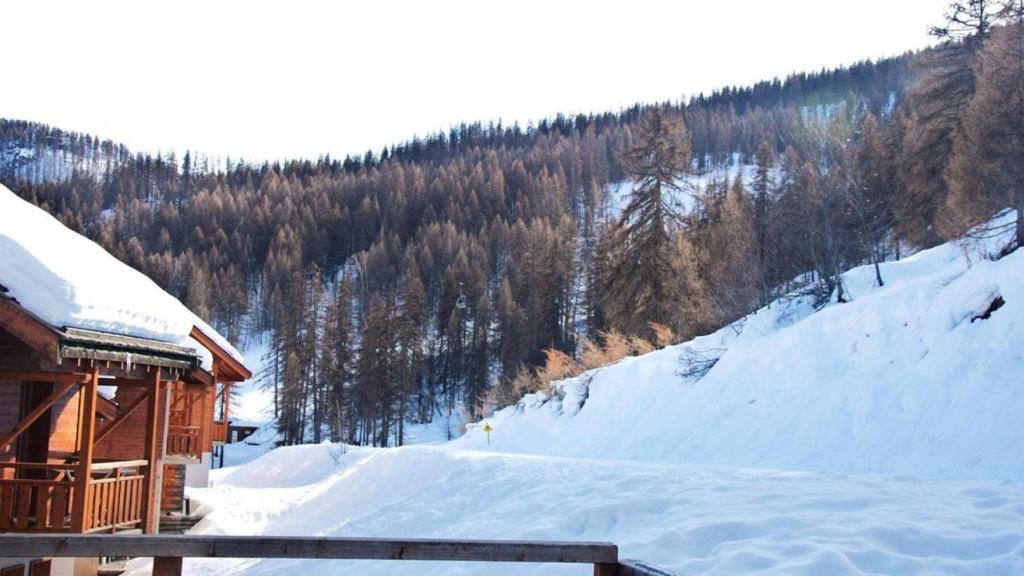 une montagne enneigée avec un bâtiment et des arbres dans l'établissement Résidence Parc Aux Etoiles - A010PAE - APPT T2 CABINE AVEC TERRASSE - 4/6 PERS MAE-8684, à Narreyroux