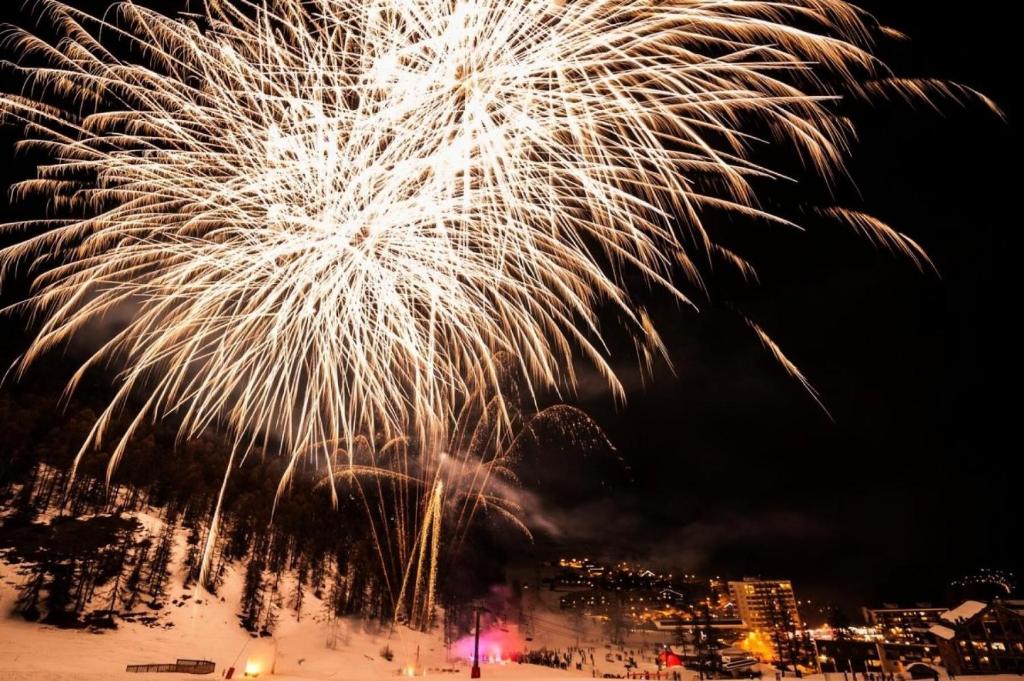 a firework display in the sky over a city at Résidence Gentiannes - Appartements pour 5 Personnes 544 in Vars