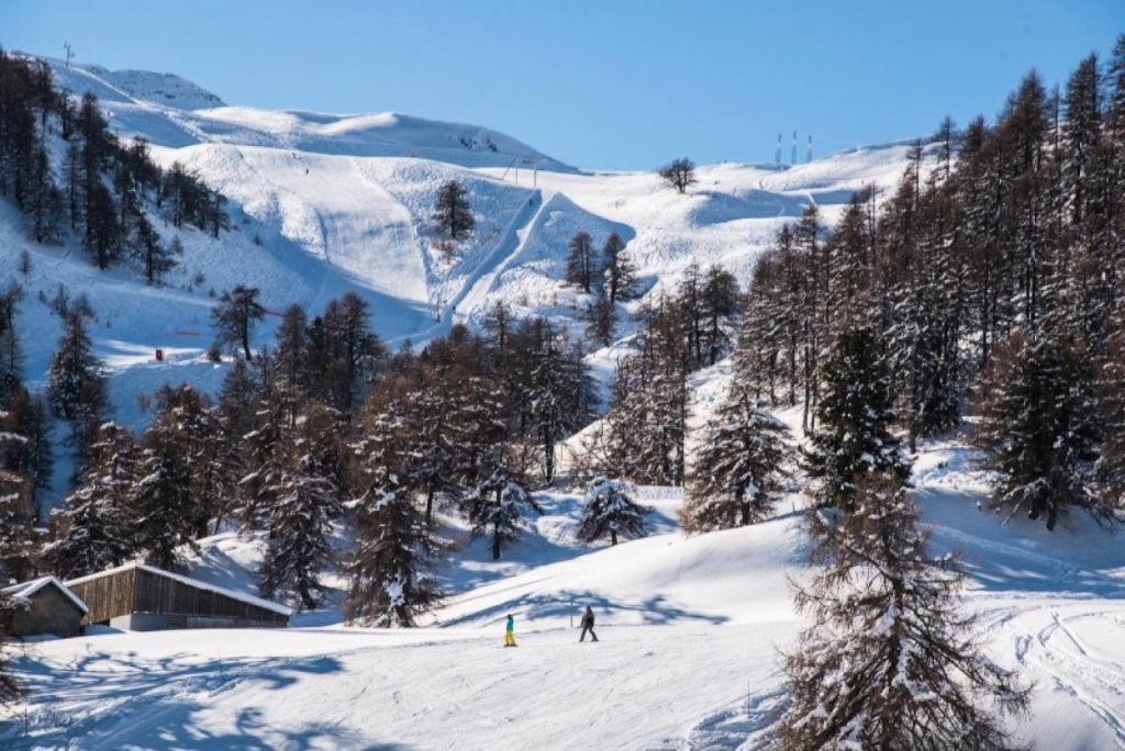 un groupe de personnes skier sur une piste enneigée dans l'établissement Résidence Christiana - Studio pour 6 Personnes 554, à Risoul