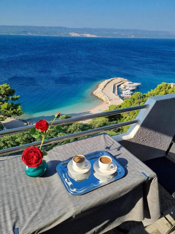 a table with two cups of coffee and a view of the ocean at Apartments Villa ALEN in Mimice