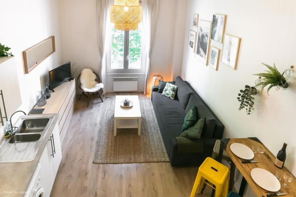 a living room with a couch and a table at T1 Cocon prox. Gare/Métro, commerces, Lyon centre in Villeurbanne