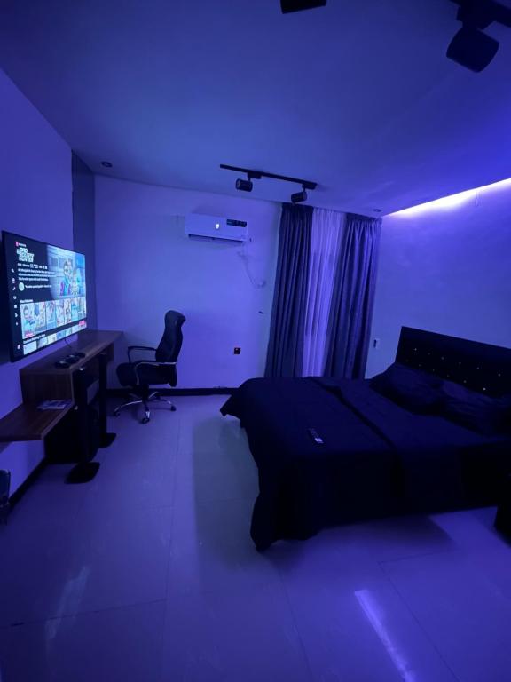 a bedroom with a bed and a desk and a computer at Cozy haven apartment in Lagos