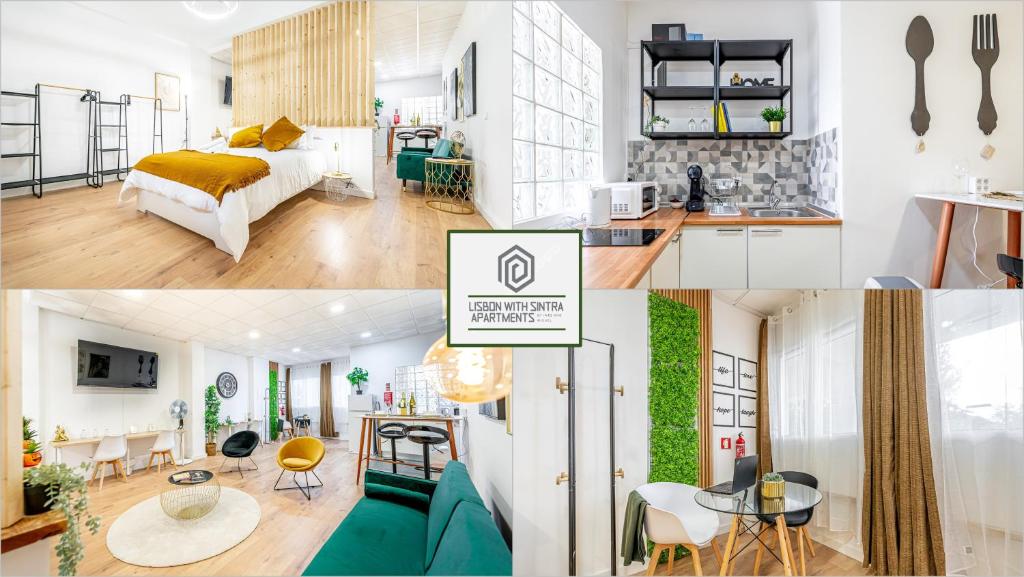 eine Collage mit Fotos von einer Küche und einem Wohnzimmer in der Unterkunft Sintra Nest - Near the train to Lisbon and Sintra (3 min) in Sintra
