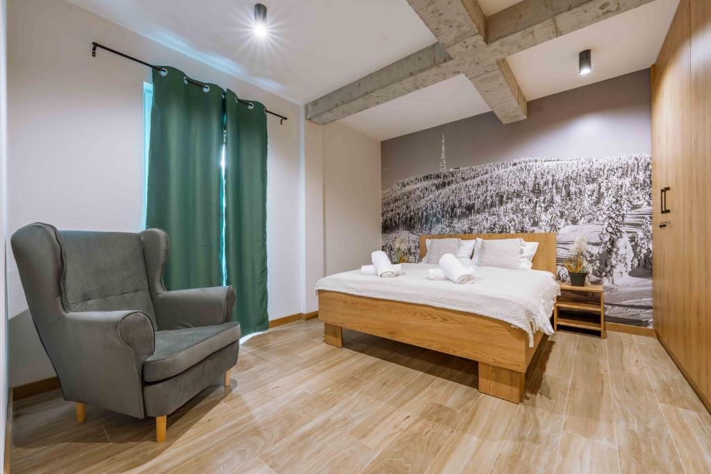 a bedroom with a bed and a chair at Dolina Czyrna - doskonała lokalizacja dla narciarzy - Dream Apart in Szczyrk