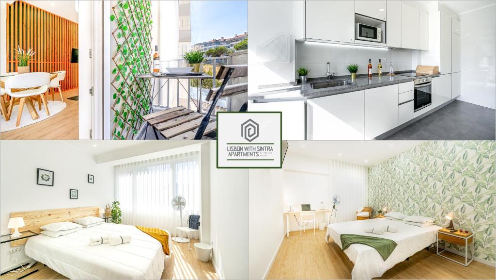 un collage de fotos de una cocina y un dormitorio en Two bedroom apartment close to train station by Lisbon with Sintra, en Queluz