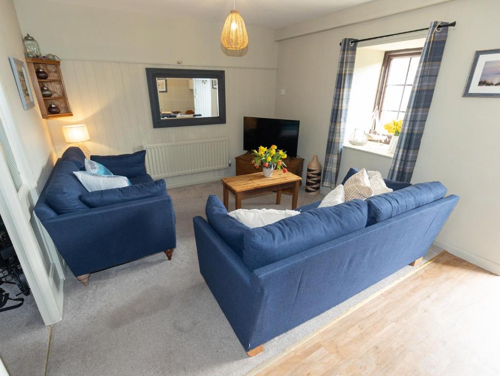 Sala de estar con 2 sofás azules y TV en Lindisfarne Cottage, en Beadnell