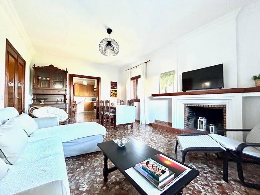 a living room with a couch and a fireplace at Hispalis villa en Matalascañas in Matalascañas