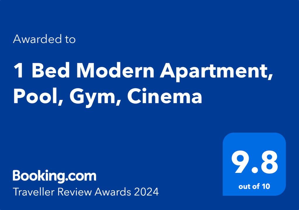 a screenshot of a cell phone with the text i bed modern equipmentpod g at 1 Bed Modern Apartment, Pool, Gym, Cinema in Lahore