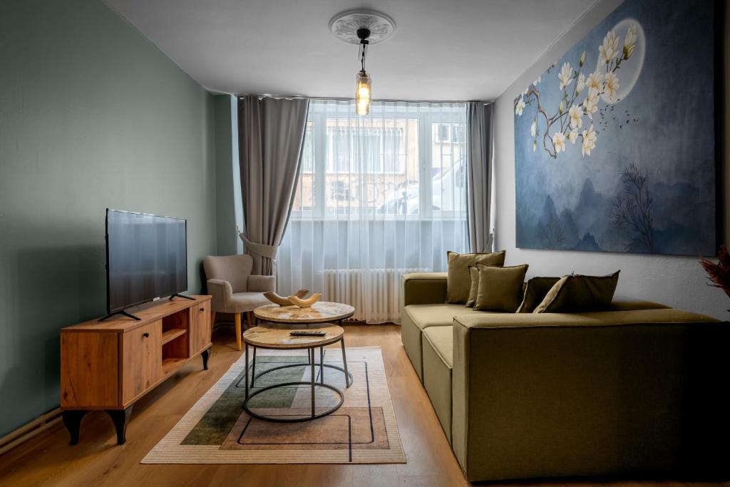 a living room with a couch and a tv at Cosy & Cental 3BR Apt. In Besiktas in Istanbul