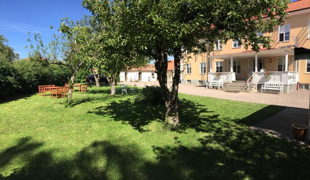 a green yard with a tree and a house at Vadstena Vandrarhem-Hostel in Vadstena