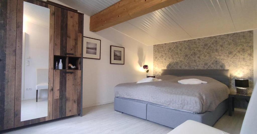a bedroom with a large bed and a mirror at Ferienhaus Leoni in Rieden
