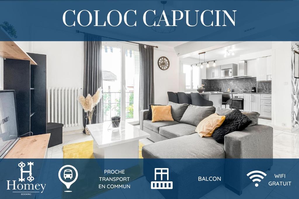 a catalogue of a living room with a couch and a kitchen at COLOC CAPUCIN - Belle colocation avec 3 chambres indépendantes / Balcon privé / Parking collectif / Wifi gratuit in Annemasse