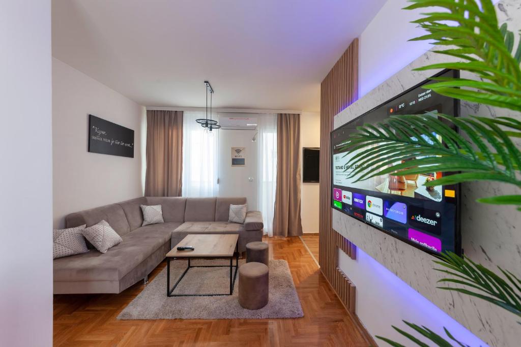 a living room with a couch and a tv at Luxury Residence in Belgrade
