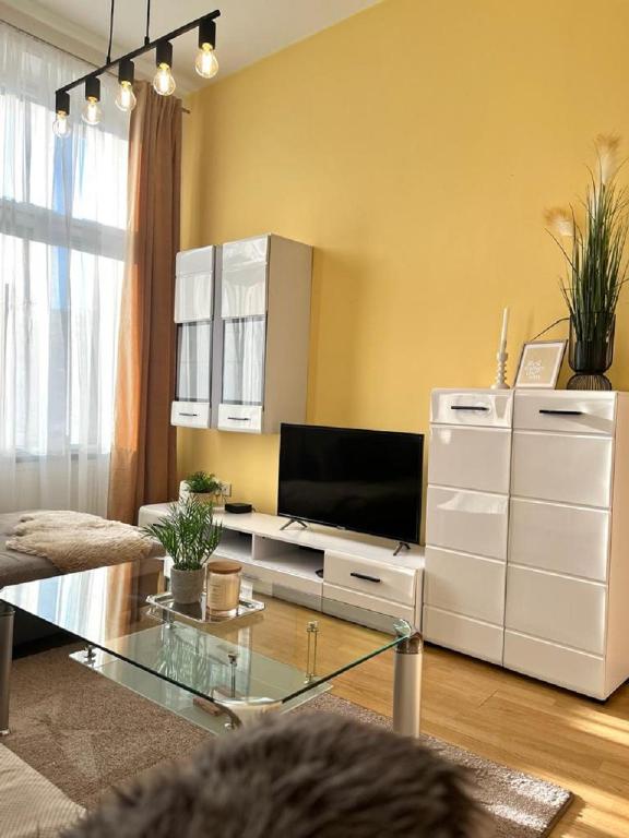 sala de estar con TV y mesa de cristal en Apartment Olivia - Old Town, en Bratislava