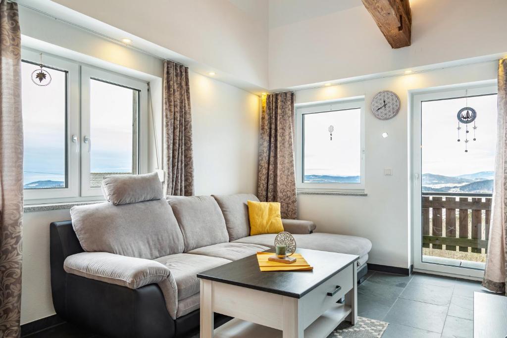 a living room with a couch and two windows at Ameisberger - Landhaus in Mollmannsreith