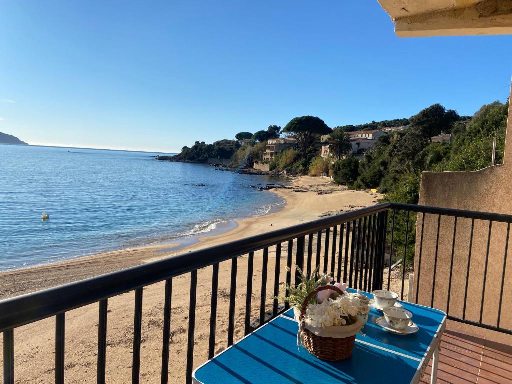 - une table sur un balcon avec vue sur la plage dans l'établissement Appartement 1 chambre pieds dans l'eau TIUCCIA, à Casaglione