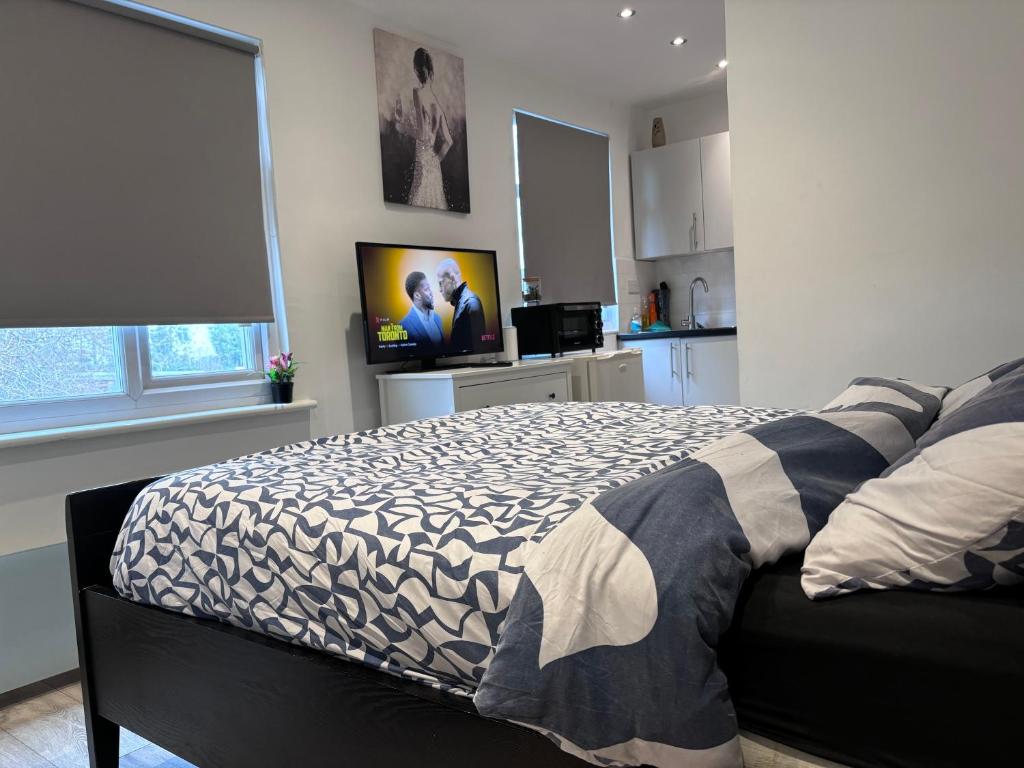 a bedroom with a bed and a television in it at Romford Cosy Studio Flat in Havering atte Bower