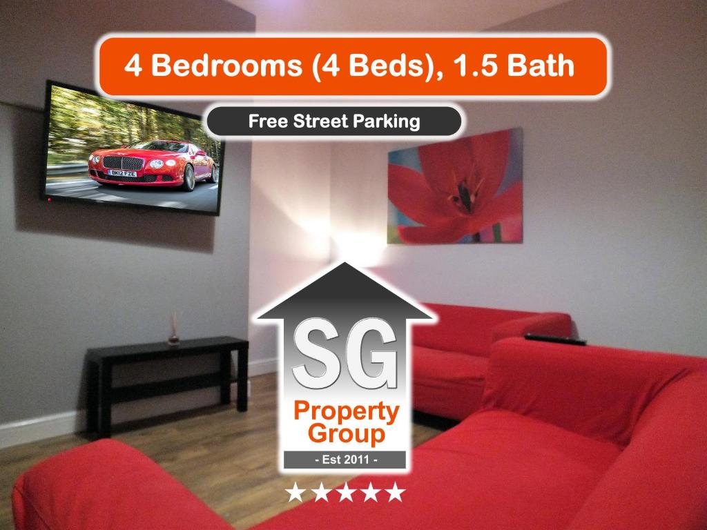 a website with a red couch and a tv in a living room at Walthall Place by SG Property Group in Crewe