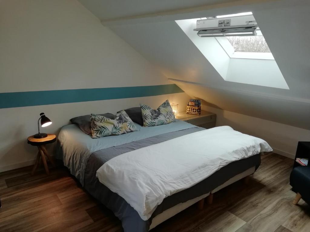 een slaapkamer met een bed en een dakraam bij Studio au coeur de la vallée de la Loire in Azay-sur-Cher