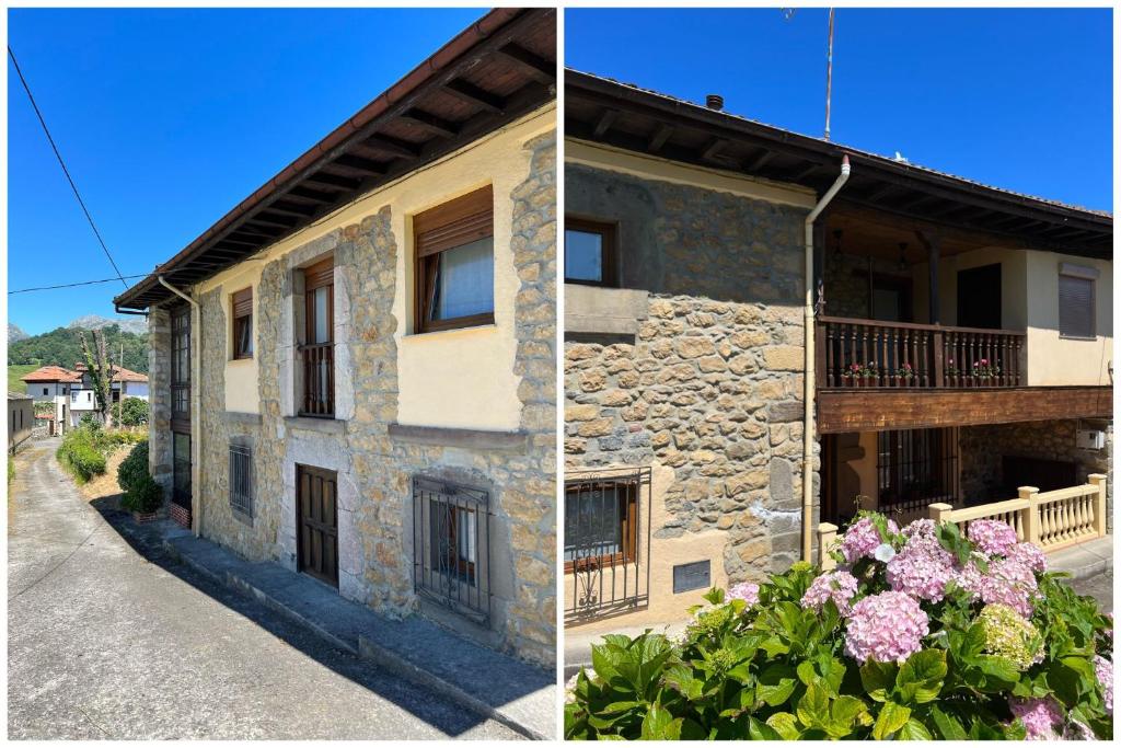 dos fotos de un edificio con flores delante en La Casina de Villar en Villar de Huergo