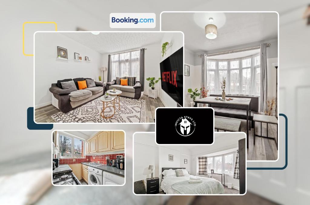 a collage of photos of a living room and a kitchen at 3 Bedroom House By Invicta Stays Short Lets Near City Centre Leicester With Free Wi-Fi Free Parking in Leicester